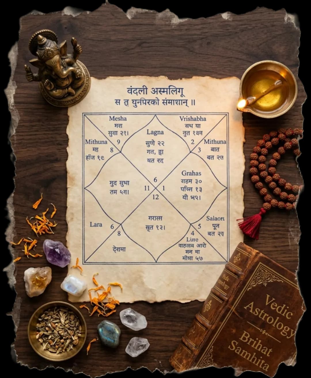 Vedic astrology birth chart on aged parchment surrounded by crystals, a brass diya lamp, rudraksha mala, and marigold petals